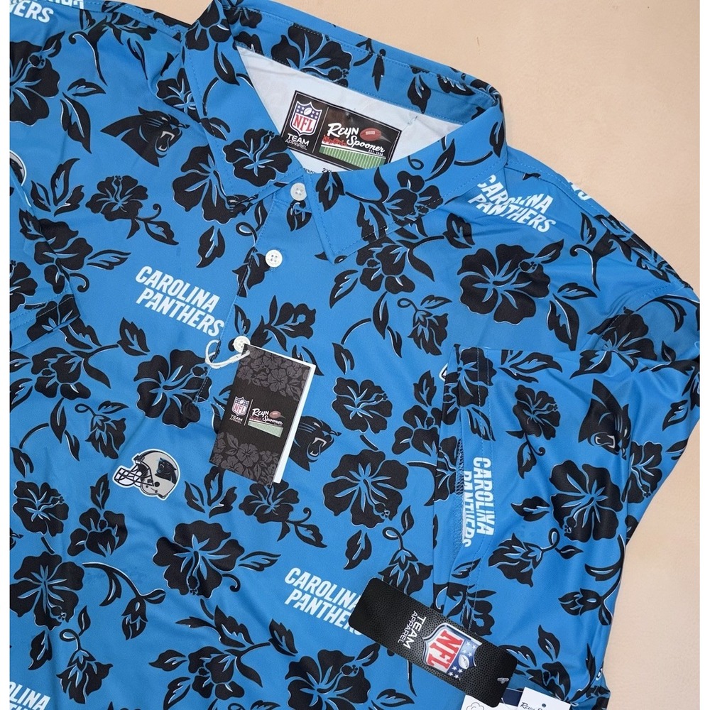 New Reyn Spooner Carolina Panthers Pua Polo Shirt 2XL XXL Golf Hawaiian Print
